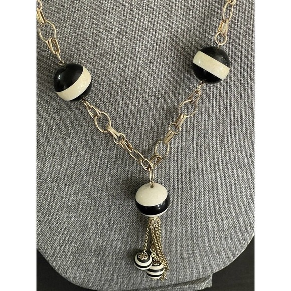 MCM VINTAGE ART DECO BLACK WHITE STRIPED BEAD RETRO TASSEL NECKLACE 36” - Picture 3 of 9